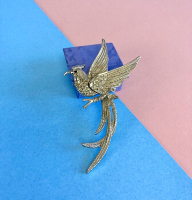 Vintage Bird Brooch Silver Tone Diamante Statement Tropical Bird Big Brooch