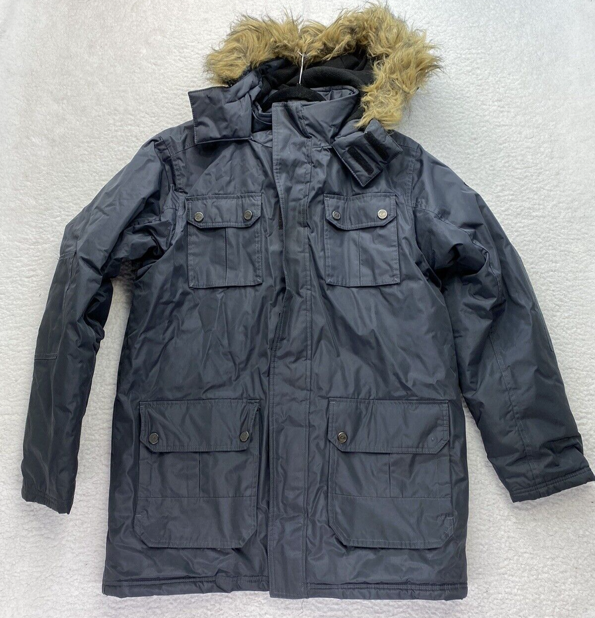 CB SPORTS Men's Medium M Winter Jacket Faux Fur Hooded Parka Coat Black Pockets