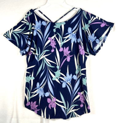 Cooper & Ella Women Blue Floral Hibiscus  Flutter Sleeve Size Medium Top NEW