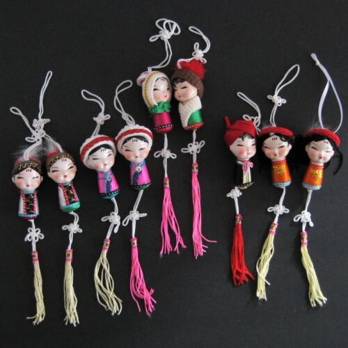 9 Asian Doll Silk Ornaments with Tassels Girls Boys China Vintage 1980s