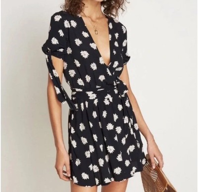 Faithfull The Brand Oslo Floral Wrap Mini Dress Size 2 Black And White Ties