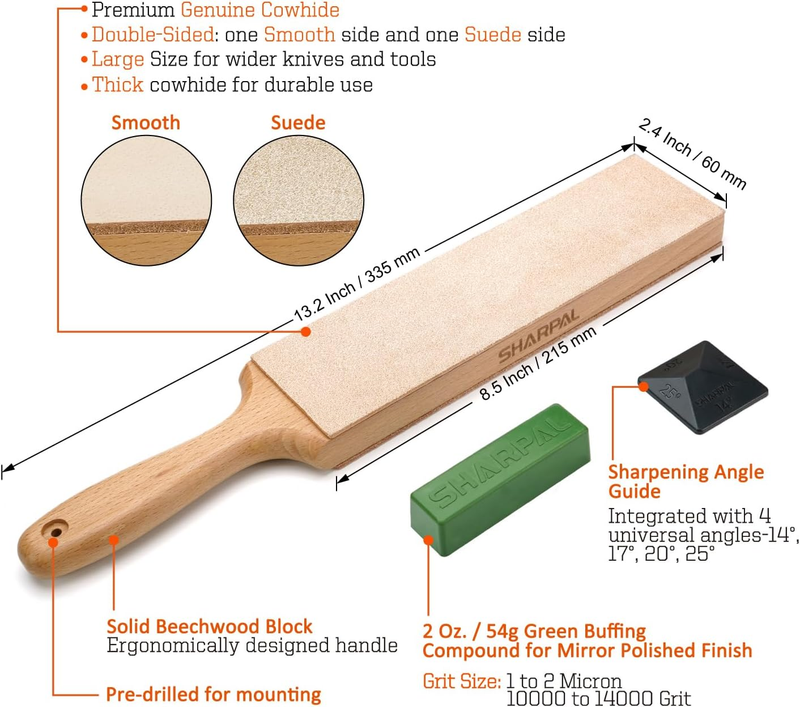 205H Double-Sided Leather Strop (Genuine Cowhide) 13.2" x 2.4" Kit with 2 Oz. Po