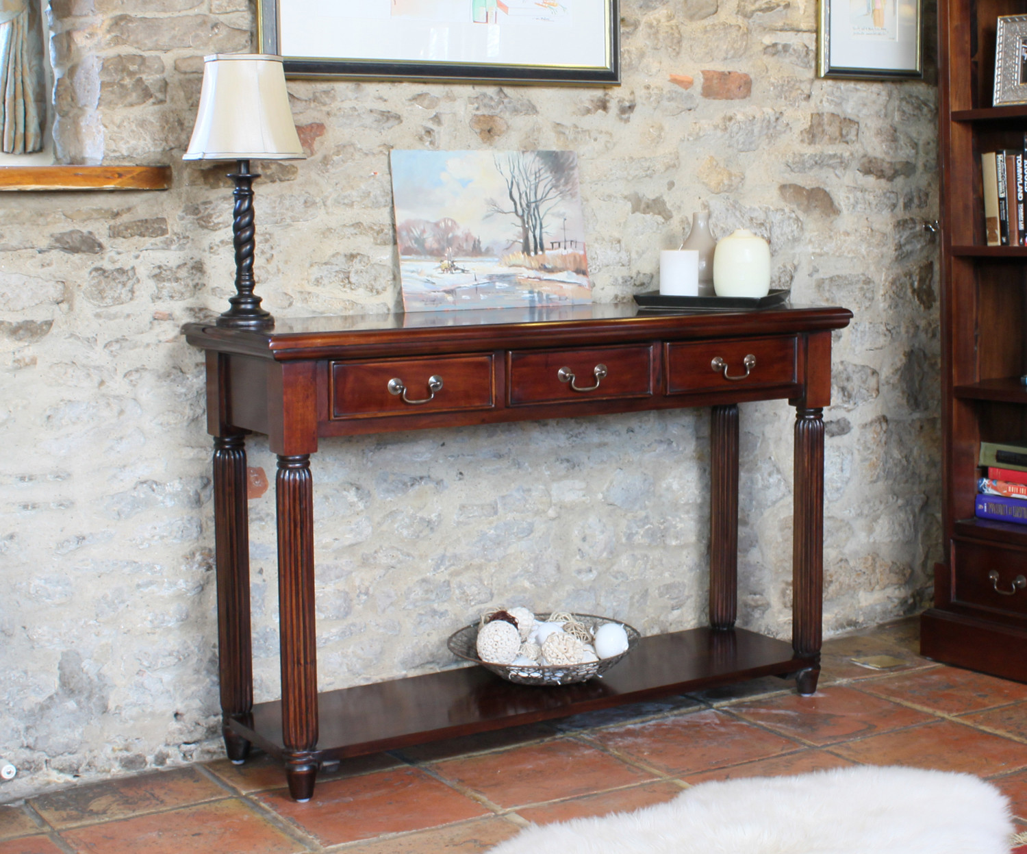 La Roque Dark Wood Console Table With 3 Drawers Solid Mahogany Ebay