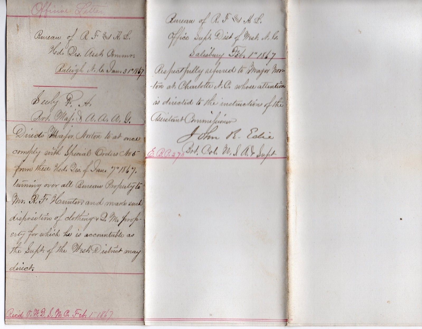 53063 Bureau of Refugees Freedmen & Abandoned Lands Orders NC 01/1867 Maj Norton