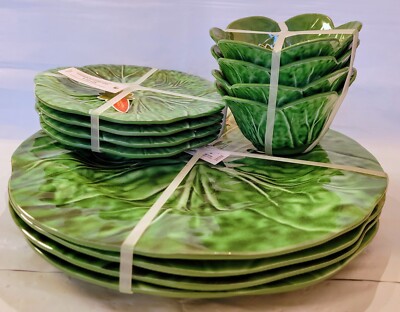 Gardeners Eden Set of 4 Melamine Green Cabbage Dinner Plates + Appetizer + Bowls