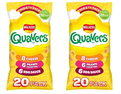 Walkers Quavers Variety Mixed Crisps Cheese Prawn BBQ Snacks 16g pack of 40