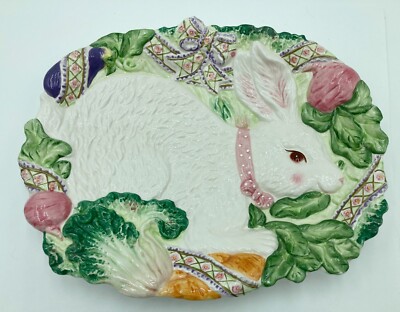 Hand Painted Easter Spring Rabbit Bunny Vegetables Ribbon Serving Platter