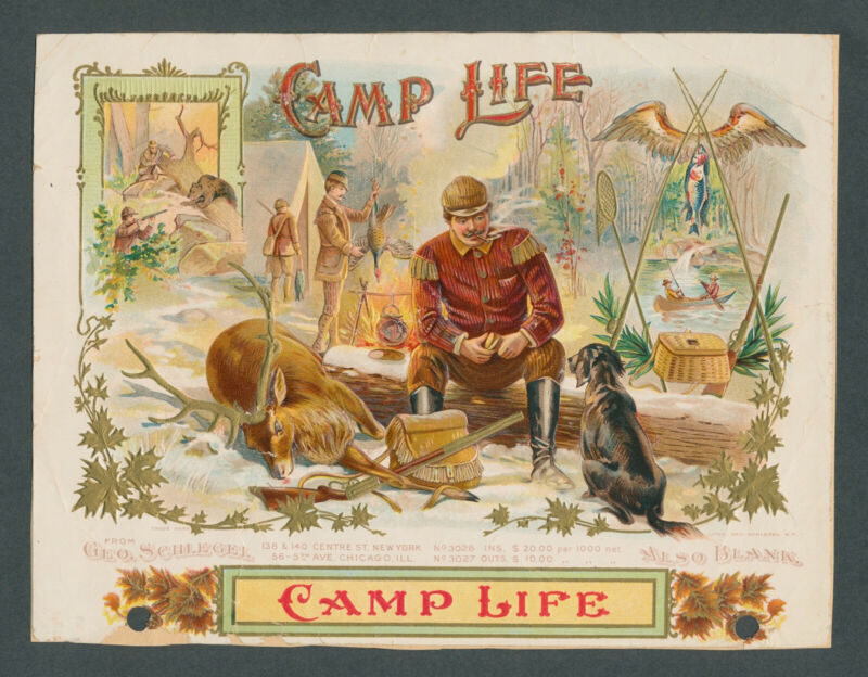 Outdoor Camp Life Turkey & Deer Hunting on Original Antique Cigar Box Label Art