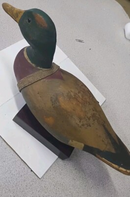Wooden Carving Mallard Duck Decoy 14  Long Glass Eyes 1992 signed r white 4x5x6