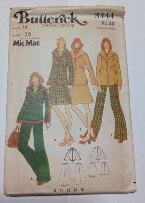Butterick 3444 Sewing Pattern Mic Mac Jacket/Skirt/Pants Size 14 VTG 1973 UC NOS