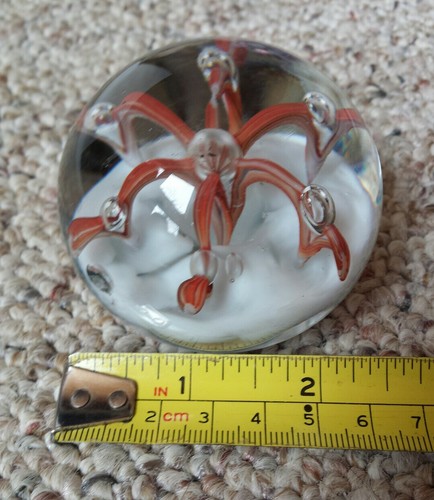 Vintage Blown Art Glass Paperweight Orange Ribbon Octopus Controlled Bubble