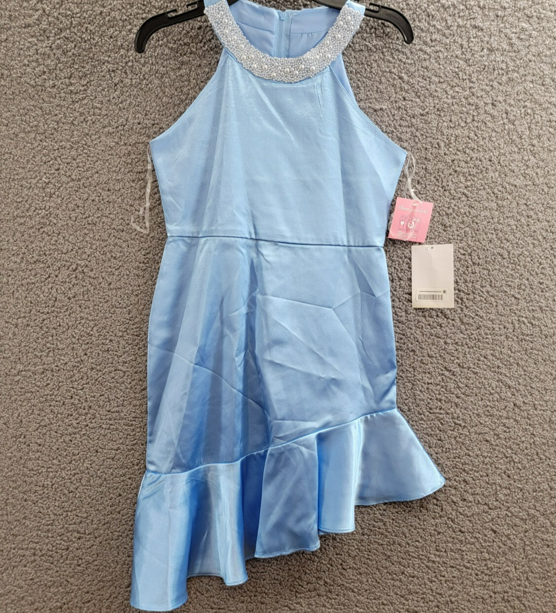 Rare Editions Sleeveless Imitation Pearl Halter Dress Big Girls 10 Blue Back Zip - Picture 2 of 16
