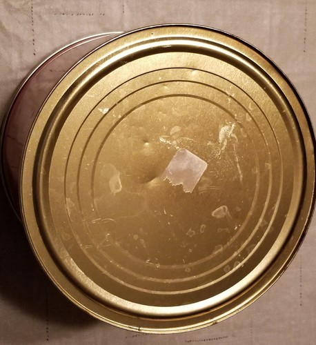 COLLECTIBLE RED METAL ROUND TIN WITH HANDLE