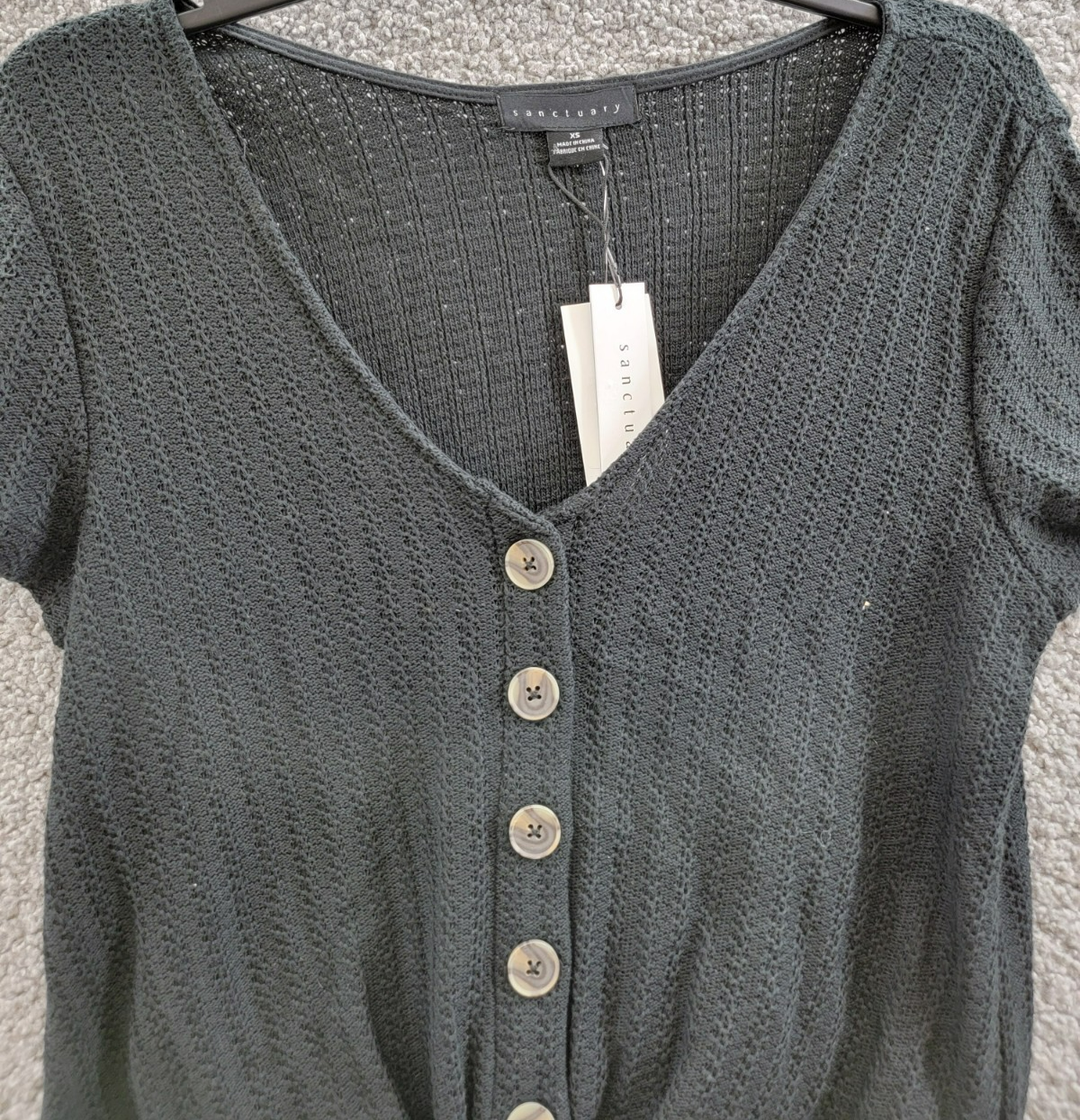 Sanctuary By My Side Tie-Front Pointelle Tee Women's XS Black Vneck Short Sleeve - Picture 3 of 17