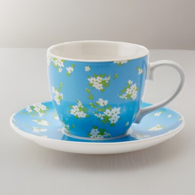   Draper James RSVP Teacup And Saucer Blue Magnolia & White Floral Pattern