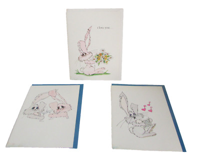 (3) VINTAGE 80's RUSS Berrie TRAVIS Rabbit Bunny Greeting Cards **SEE INSIDE**
