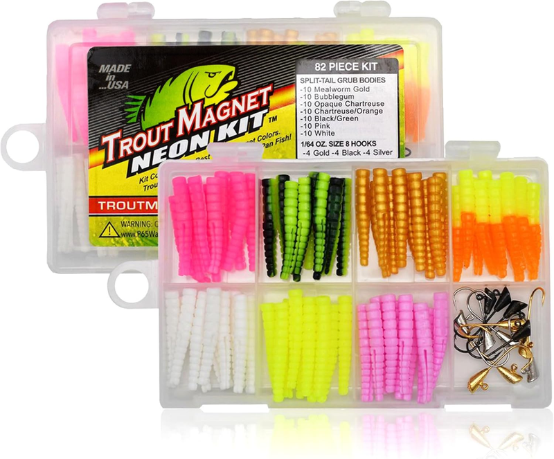 82 Piece Neon Fishing Kit, Catches All Types of Fish, Includes 70 Grub Bodies an