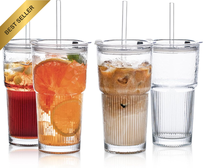 600Ml Glass Drinking Cups with Lids and Straws, Set of 4, Stylish Ribbed Design