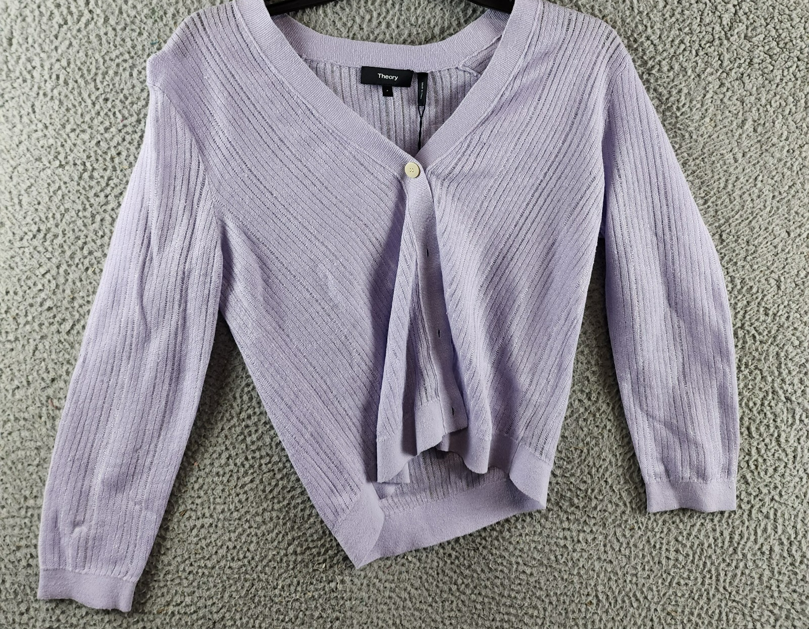 Theory Cropped Cardigan Women's P Soft Iris V-Neck Linen Blend Button Front L/S - Picture 2 of 14