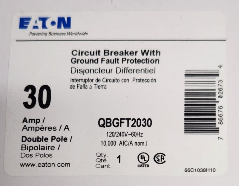 EATON CUTLER HAMMER QBGFT2030 2 Pole 30 AMP QBGFT Ground Fault Circuit Breaker