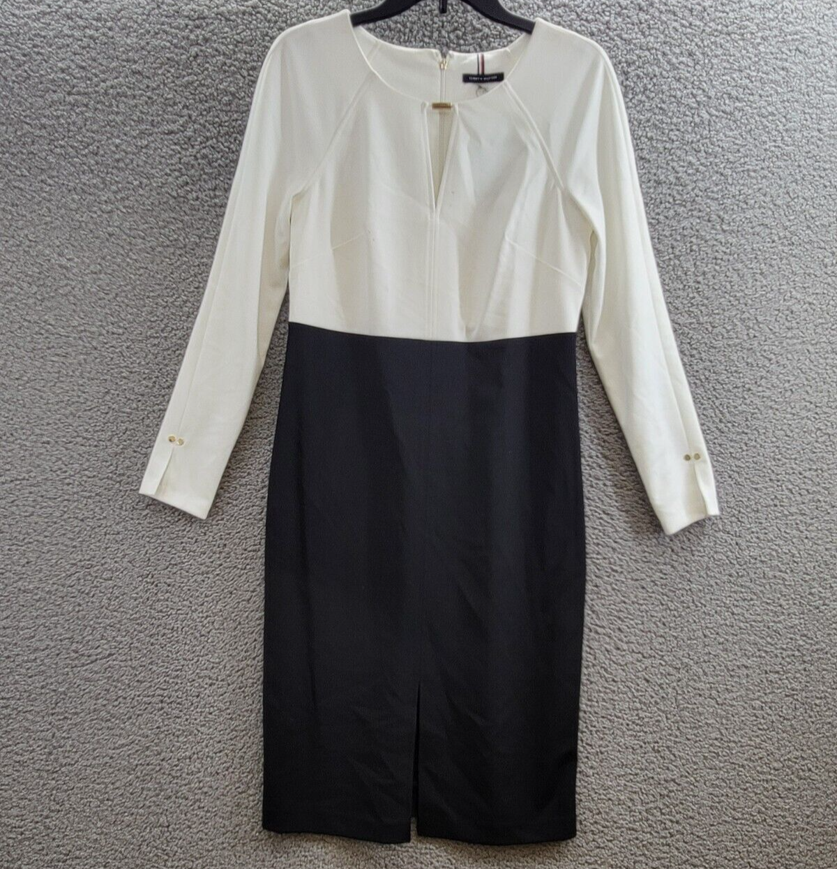 Tommy Hilfiger Keyhole-Neck Sheath Dress Women's 8 Cream/Black Zip Closure L/S - Picture 2 of 17