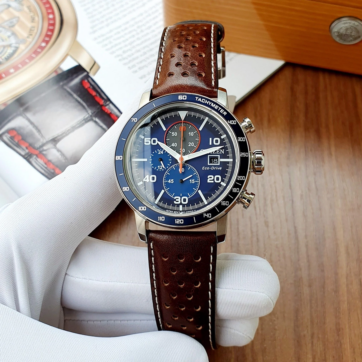 Pre-owned Citizen Ca0648-09l Brycen Blue Leather Band Eco-drive Men's Watch