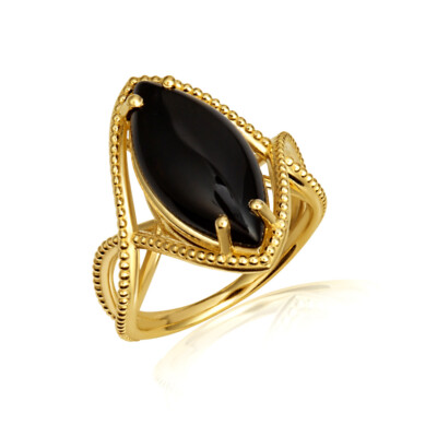 Pre-owned Fdj Gold Beaded Black Onyx Marquise Cut Gemstone Infinity Ring In Yellow Gold