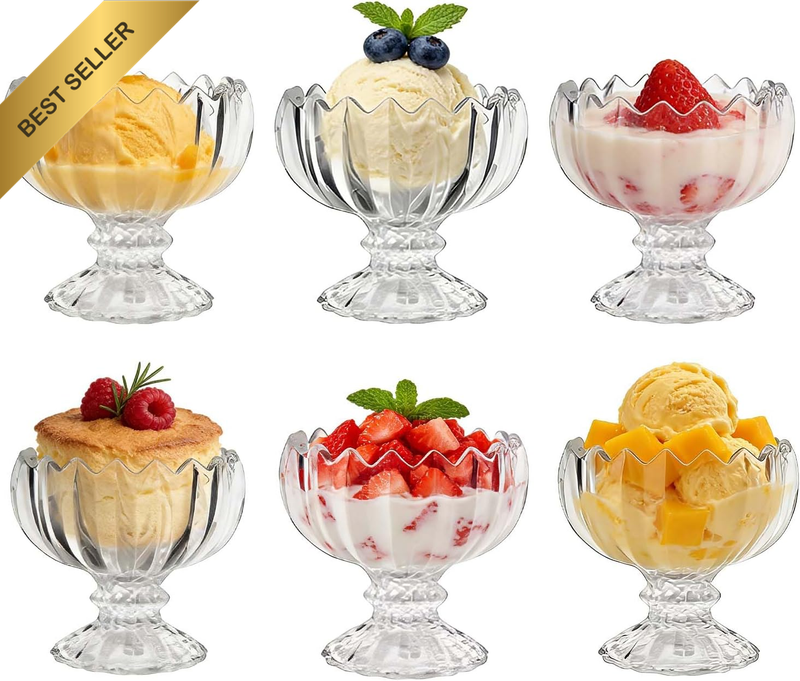 Set of 6 Glass Dessert Bowls, 205Ml Clear Ice Cream Bowls, Sundae Cups, Cocktail