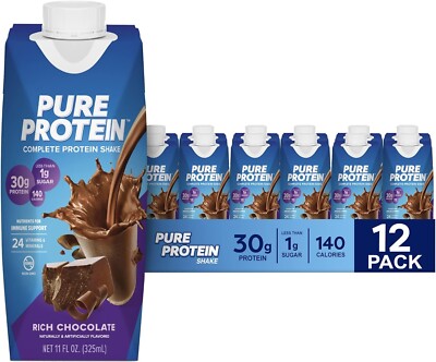 Pure Protein Shake Rich Chocolate 30g Protein Keto-Friendly 11oz Bottles 12 Pack