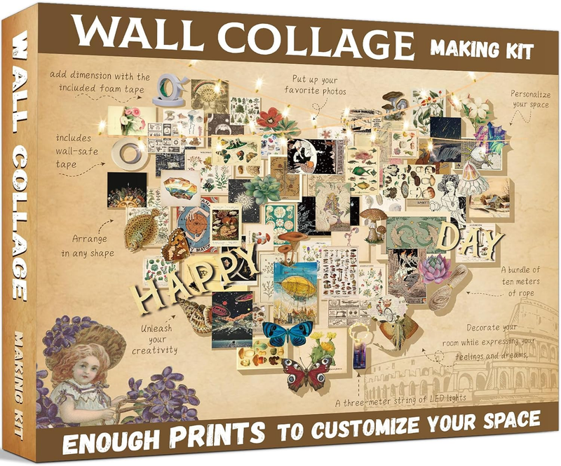 DIY Wall Collage Kit Vintage Aesthetic Picture Gifts with String Lights Girls Bo
