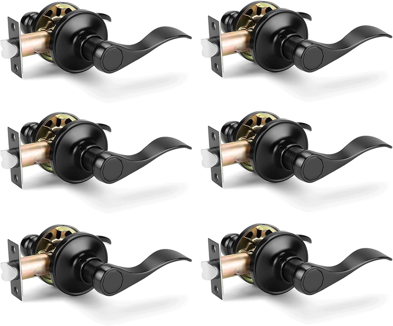 6 Pack Hallway/Closet Passage Door Handle Levers in Matte Black, Interior Wave Style Reversible Door Knob without Locking