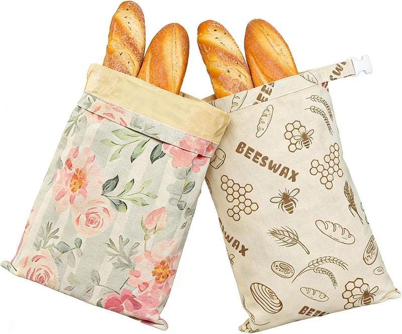 2Pack Beeswax Bread Bags, Reusable Food Storage Wraps with Floral and Bee Print
