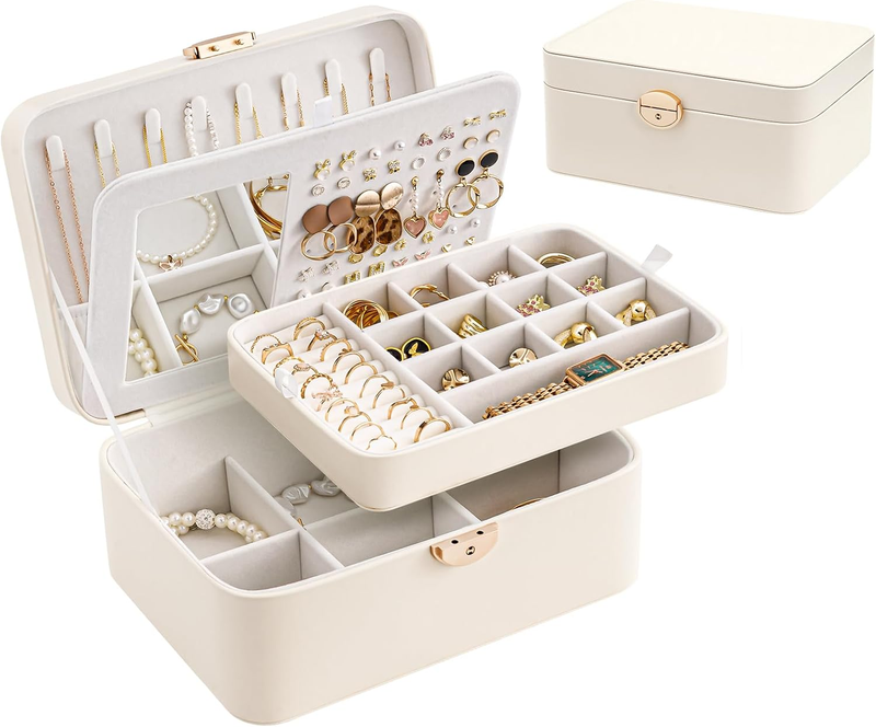 2 Layer Jewelry Box for Teen Girls & Young Women, Jewelry Organizer Case with ro
