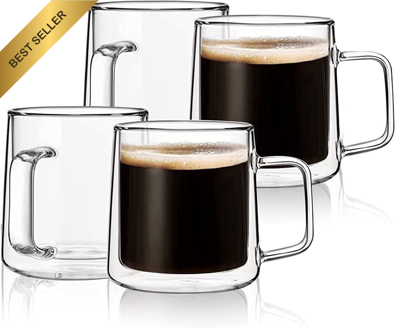 Set of 4 Double Wall 10oz Glass Mugs for Espresso, Latte, Tea