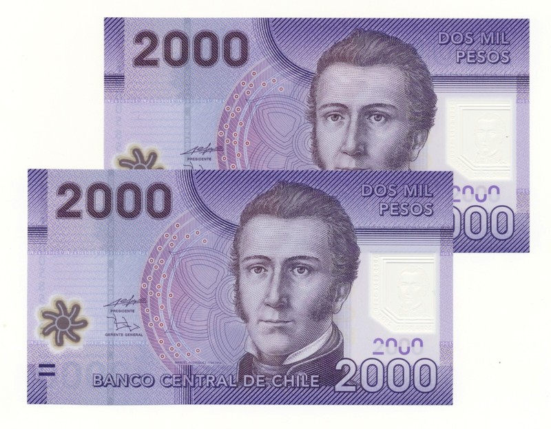 Chile 2000 Pesos 2009 P. 162 /162a; Choice Unc; 2 Consecutive Notes