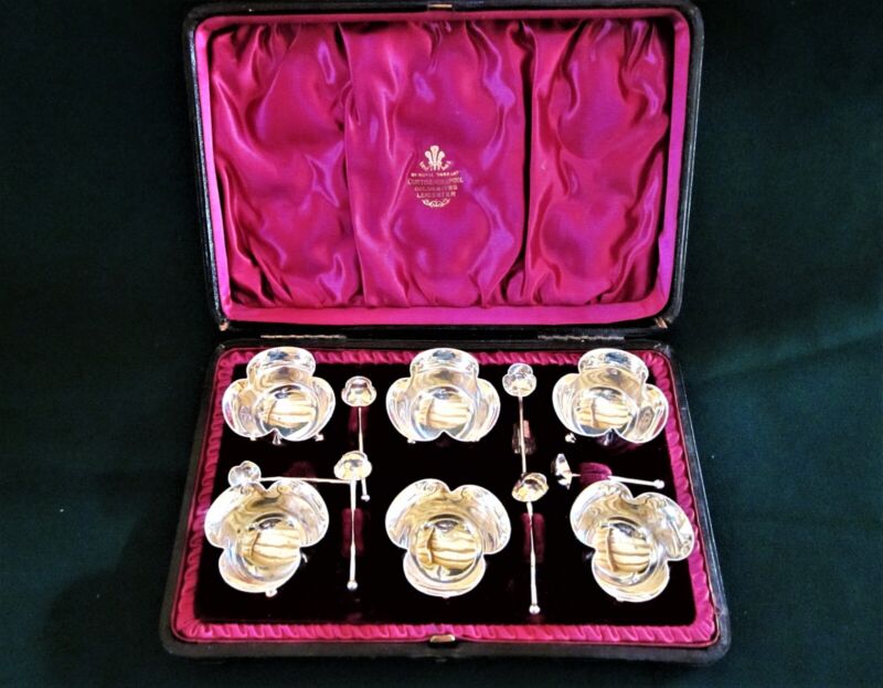 (6) Sterling Salt Dips & Spoons Victorian 1895 Boxed Set- Horace Woodward London