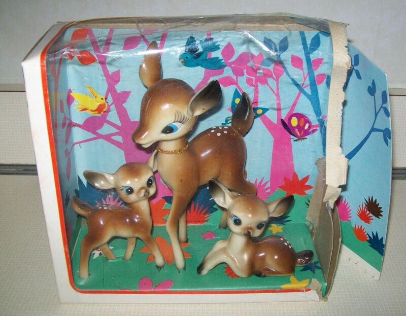 Vintage Grace Toys 1 Plastic Deer & 2 Fawn Figurine Set No 7272 In Box Hong Kong