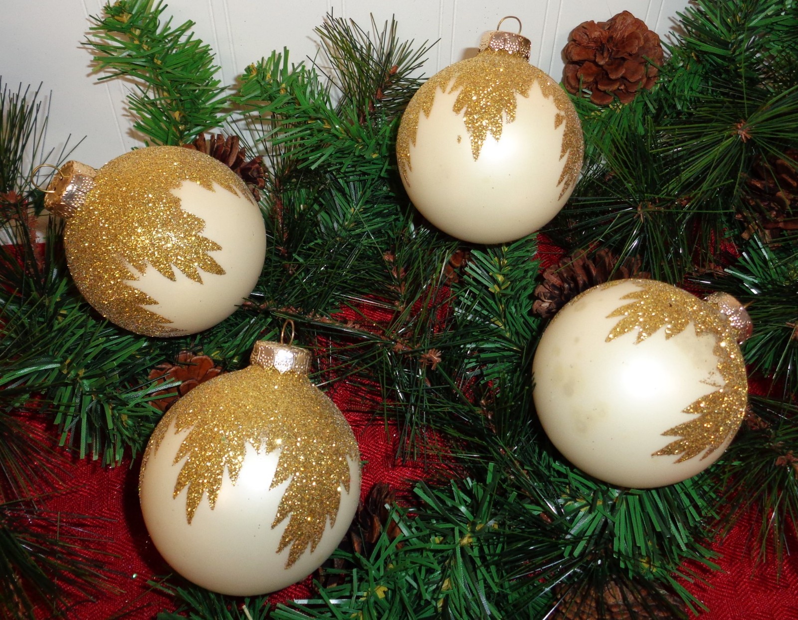 Krebs Vintage Ornament Lot Ivory with Gold Glitter Glass Balls