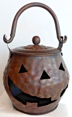 tin cut-out pot pumpkin candle jack-o-lantern with lid and handle 6'' tall