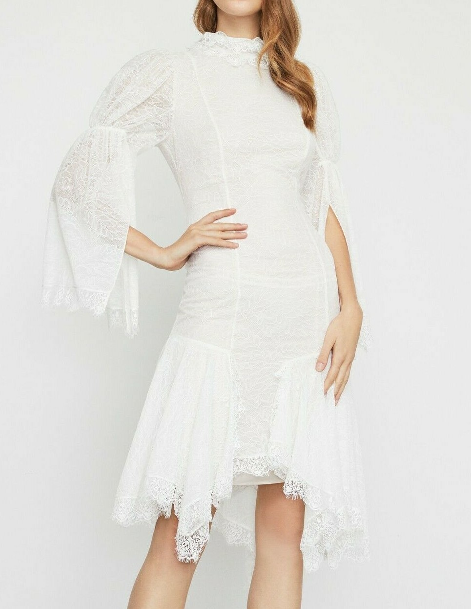 $598 NWT BCBGMAXAZRIA Sz6 ASYMMETRICAL LACE SLIT SLEEVE