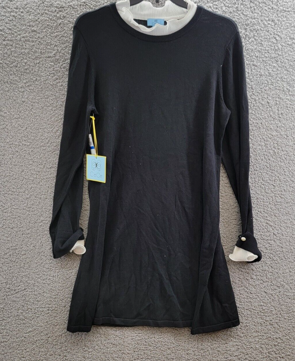 CeCe Ruffle Trim Sweater Dress Women's XL Black/White Crew Neck Pullover L/S - Picture 2 of 15