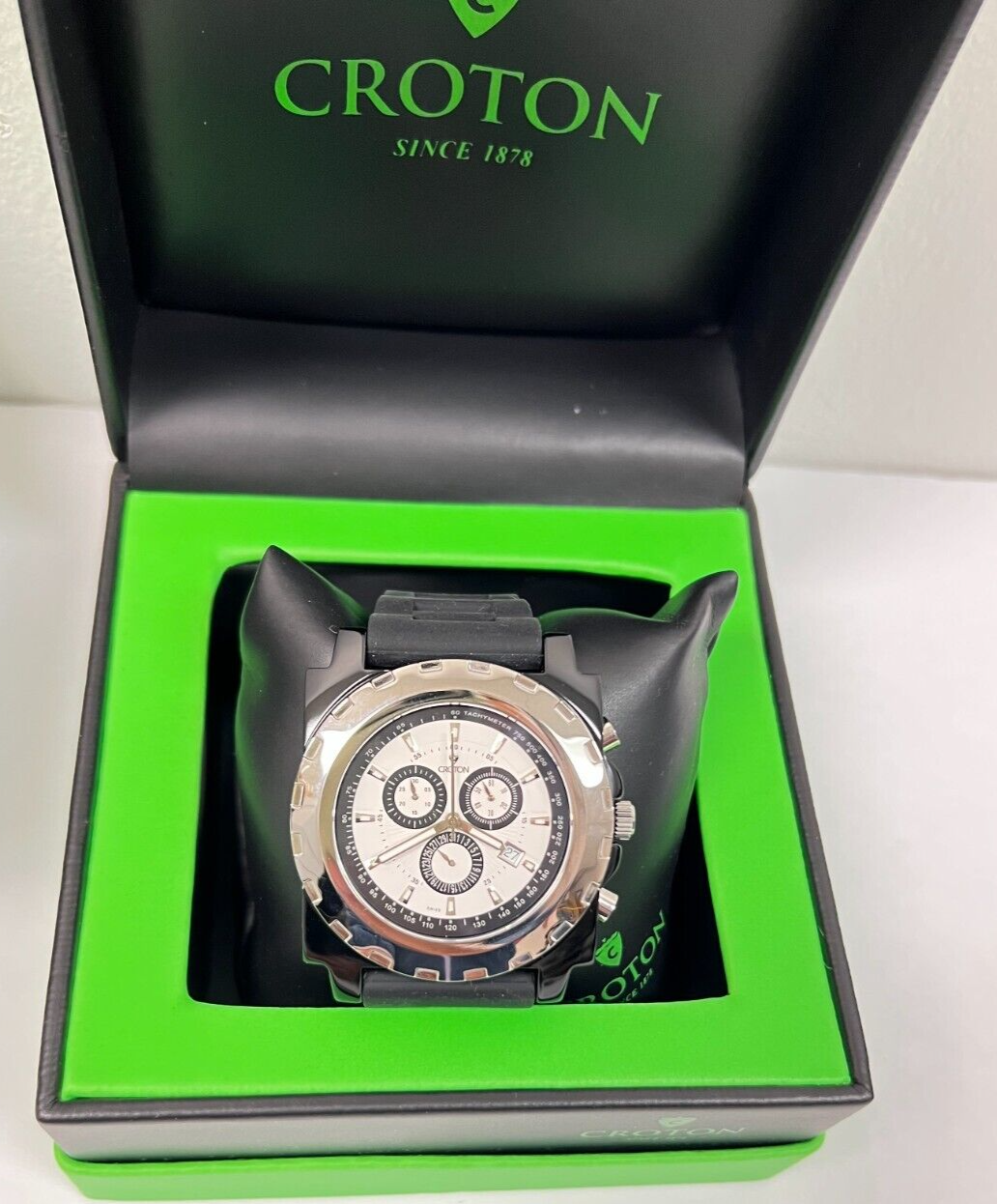 Pre-owned Croton Duratron Chronograph, Men's Watch Black Band White Face-new