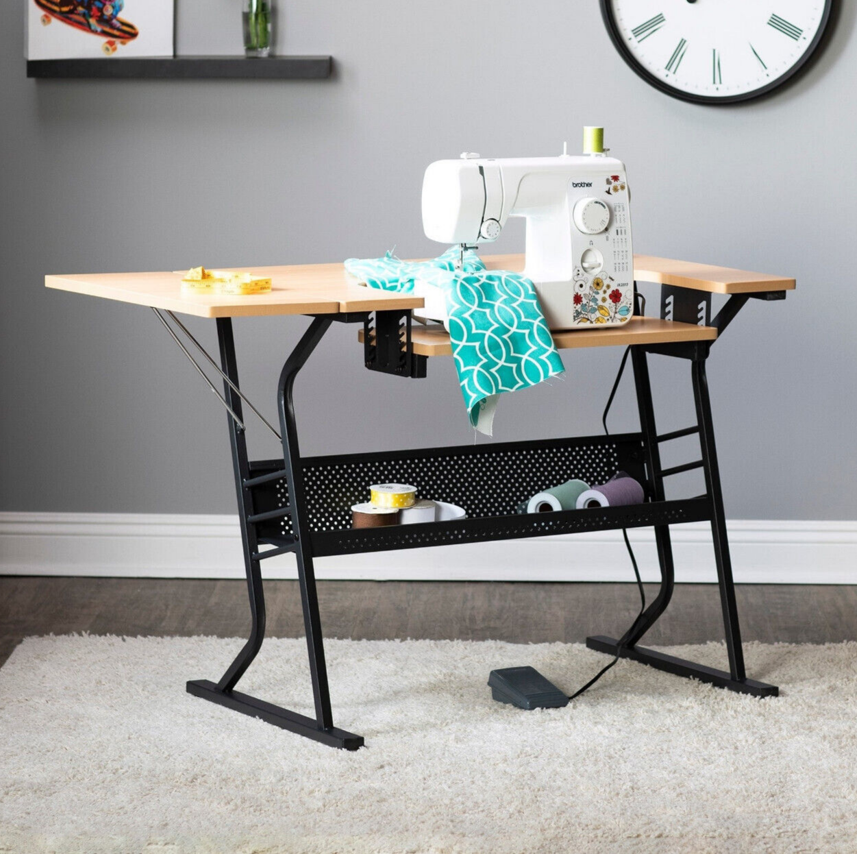 Sewing Machine Table Drop Leaf Storage Art Craft Adjustable Hobby Tan Folding
