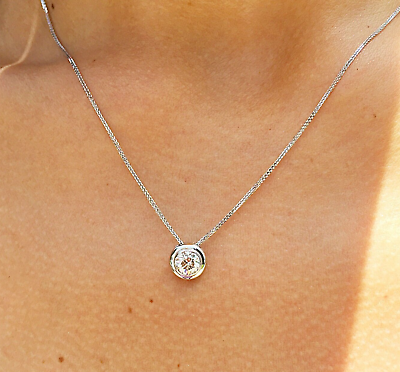 14k White Gold Round Cut Diamond Bezel Set Solitaire Necklace And