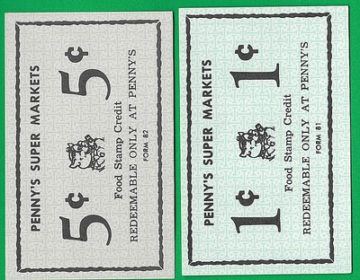 FOOD STAMP COUPON CREDIT SCRIP PENNY'S SUPER MARKETS  UNC (2)  1 C & 5 C