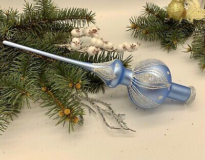 Blue Christmas glass tree topper, Handmade Xmas finial, vintage style Christmas