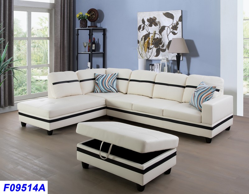 Wellington Faux Leather Sectional Sofa With Ottoman White Black