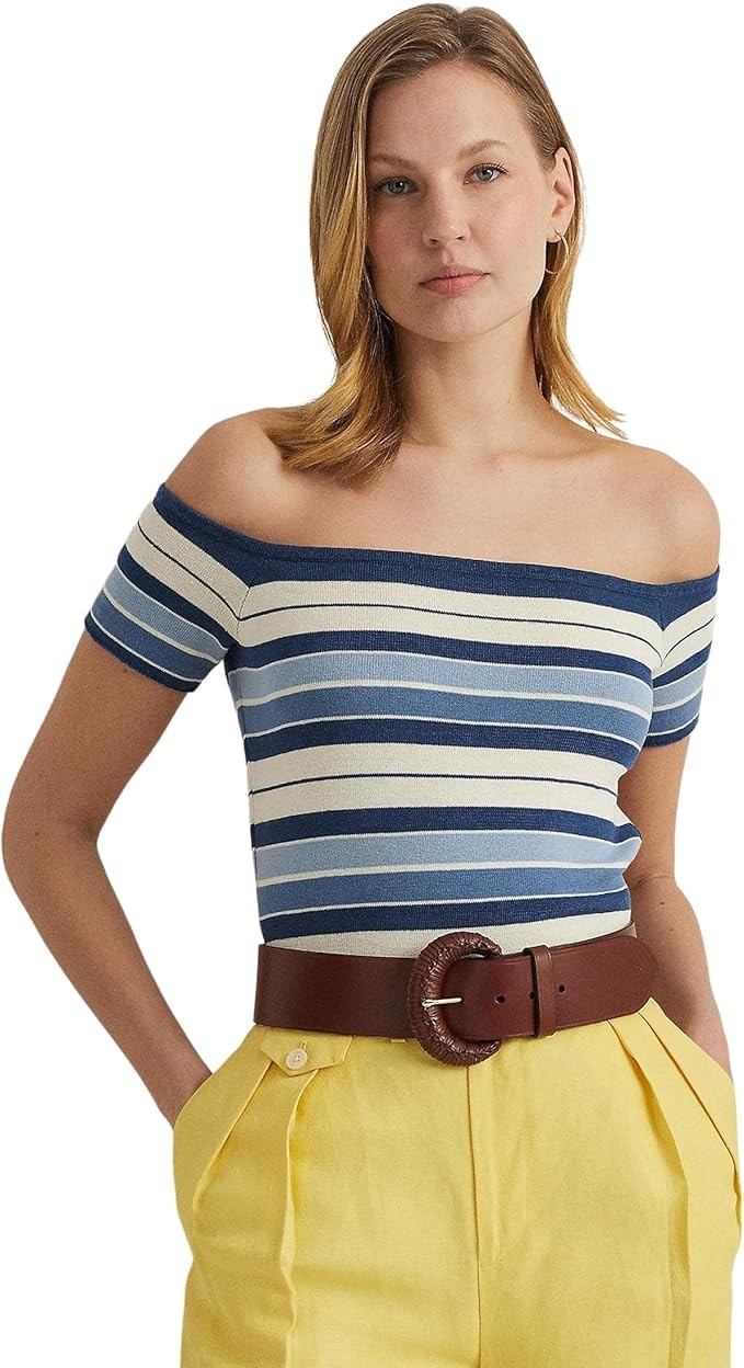 Lauren Ralph Lauren Striped Off-the-Shoulder Sweater Top Women L Multi Pullover - Picture 1 of 17