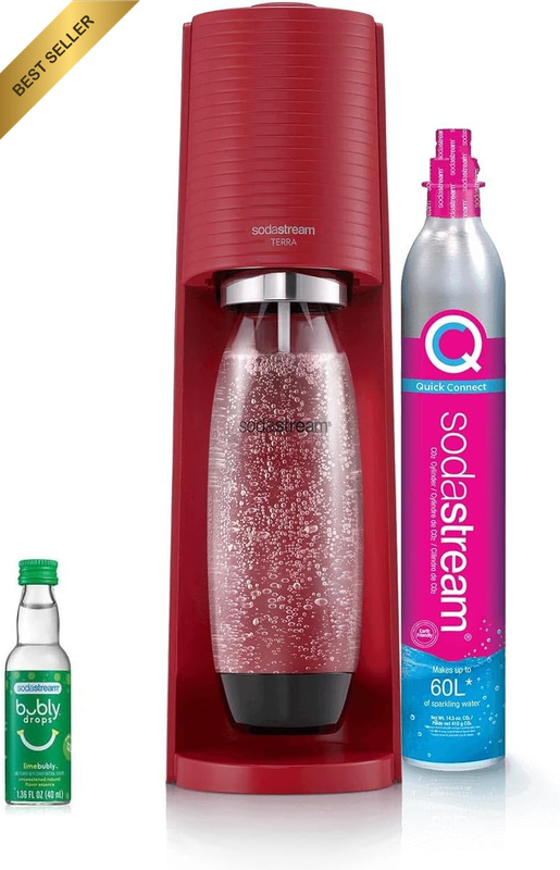 Terra Sparkling Water Maker (Red) with CO2, Dishwasher Safe Bottle and Bubly Dro