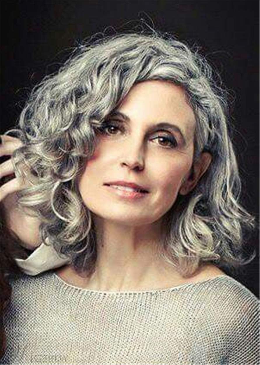 Details About Fashion Natural Medium Bob Hairstyle Gray Curly Synthetic Hair Wig